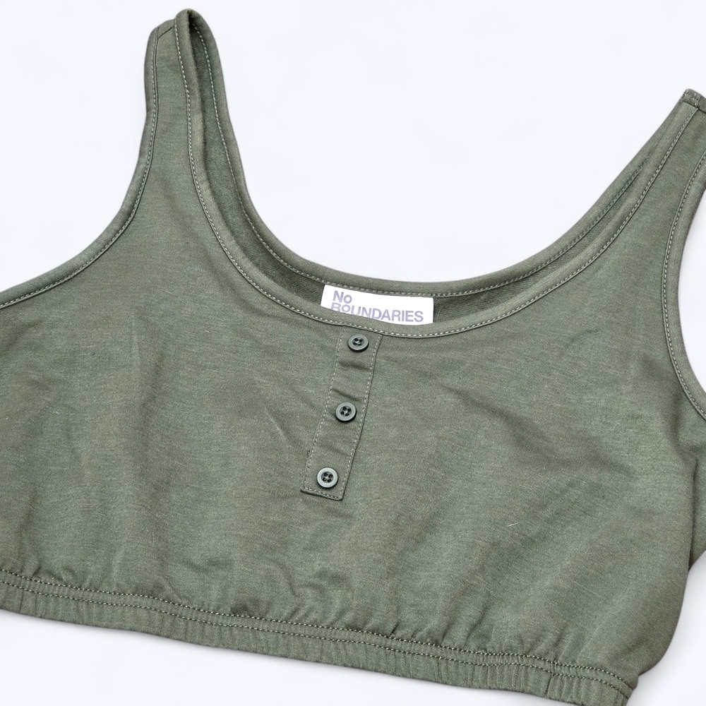 No Boundaries Olive Green Buttoned Crop Top